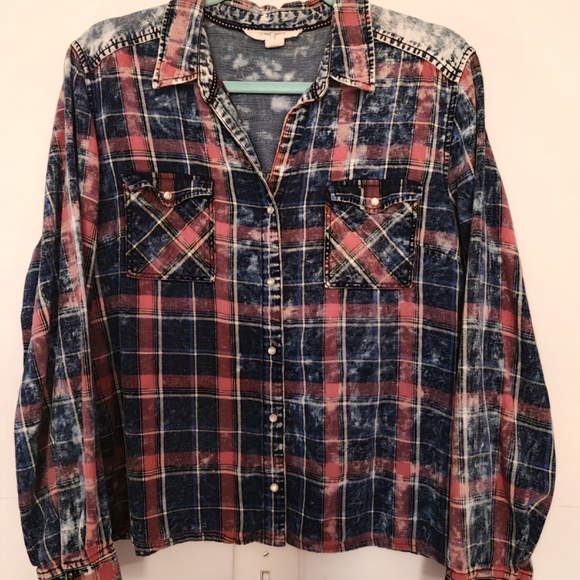Tribal Jeans Denim Plaid Button Down Shirt Blue Red Long Sleeves Womens Large - Picture 1 of 9